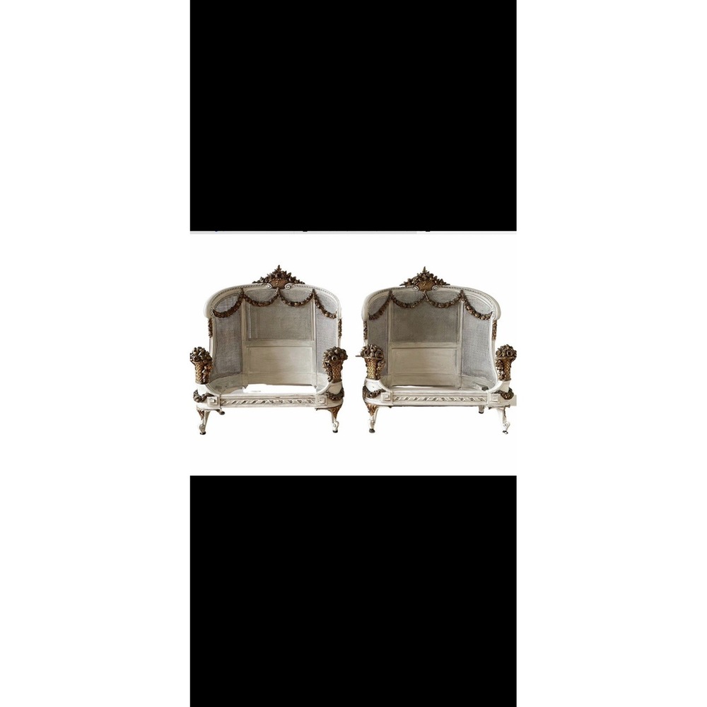 Pair of White/Gold French Antique Twin Beds Carved Wood Cane Back 38x75x18